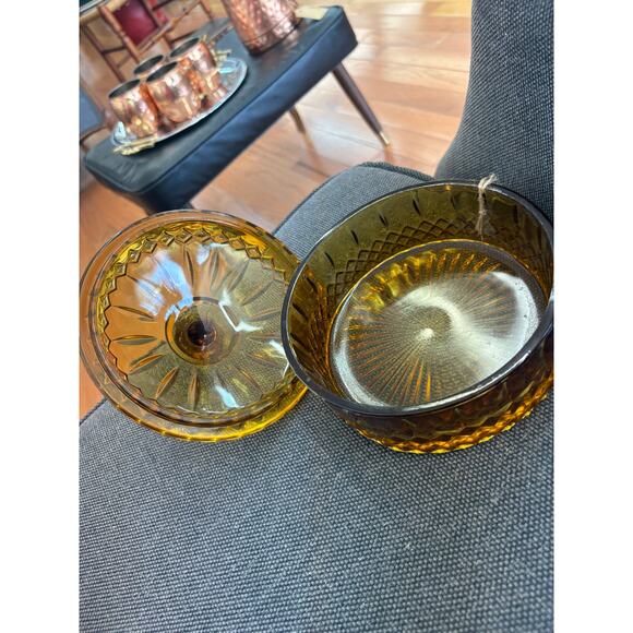 Vintage Indiana Glass Amber Gold Diamond Princess Covered Candy Dish w/ Lid - Picture 6 of 7